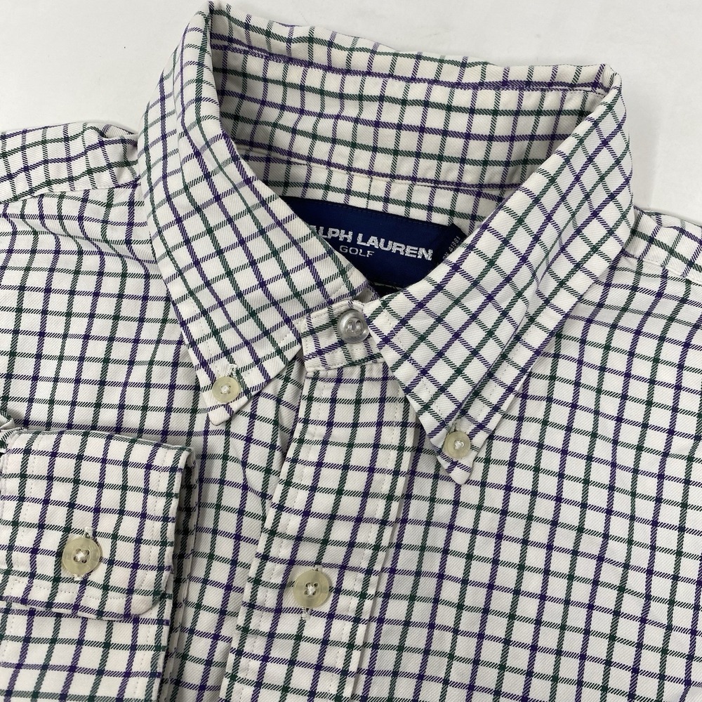 Ralph Lauren Golf Shirt Mens Medium White Green Purple Tattersall Tilden Cotton